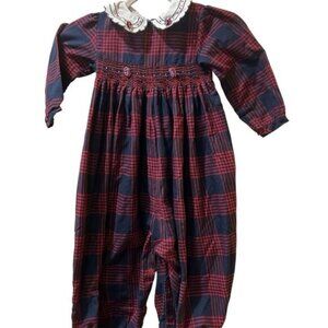 VTG Friedknit Creations Red Plaid Smocked 4T  Peter Pan Collar Romper Old Money